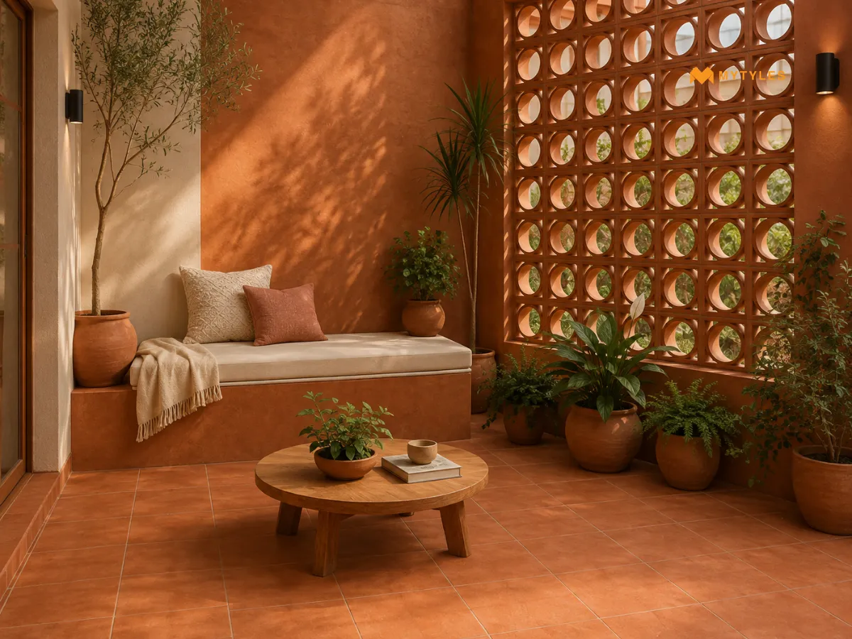 Terracotta Jali with Earthy Tiles for a Monochrome Courtyard